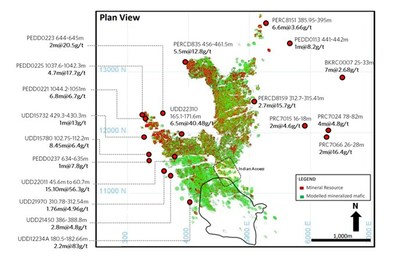 Figure 5: Plutonic Historical Significant Intercepts and Targeted Indian Access Area (Plan View) (CNW Group/Superior Gold)